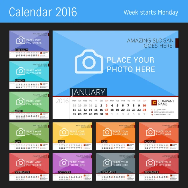 Desk Calendar 2016 Ano. Modelo de impressão de design vetorial com lugar para foto. Conjunto de 12 Meses. Semana começa segunda-feira —  Vetores de Stock
