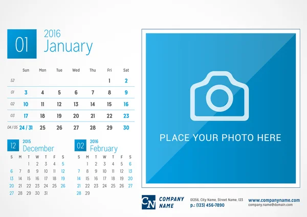 Desk Calendar 2016. Modelo de impressão vetorial com lugar para foto. Janeiro. Semana começa domingo —  Vetores de Stock