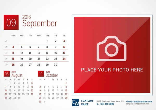Desk Calendar 2016. Modelo de impressão vetorial. Setembro. Semana começa domingo —  Vetores de Stock