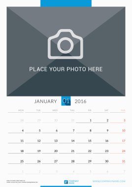 January 2016. Wall Monthly Calendar for 2016 Year. Vector Design Print Template with Place for Photo. Week Starts Monday. Portrait Orientation