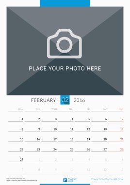February 2016. Wall Monthly Calendar for 2016 Year. Vector Design Print Template with Place for Photo. Week Starts Monday. Portrait Orientation