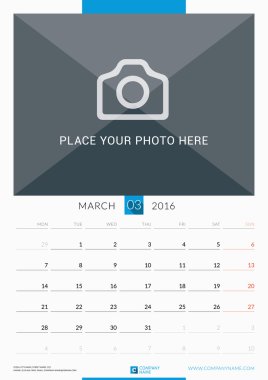 March 2016. Wall Monthly Calendar for 2016 Year. Vector Design Print Template with Place for Photo. Week Starts Monday. Portrait Orientation