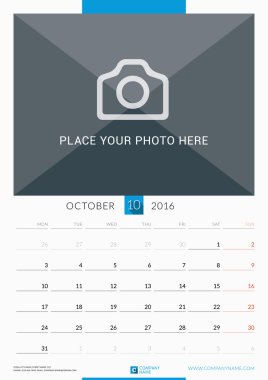 October 2016. Wall Monthly Calendar for 2016 Year. Vector Design Print Template with Place for Photo. Week Starts Monday. Portrait Orientation