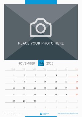November 2016. Wall Monthly Calendar for 2016 Year. Vector Design Print Template with Place for Photo. Week Starts Monday. Portrait Orientation