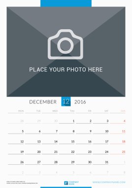 December 2016. Wall Monthly Calendar for 2016 Year. Vector Design Print Template with Place for Photo. Week Starts Monday. Portrait Orientation