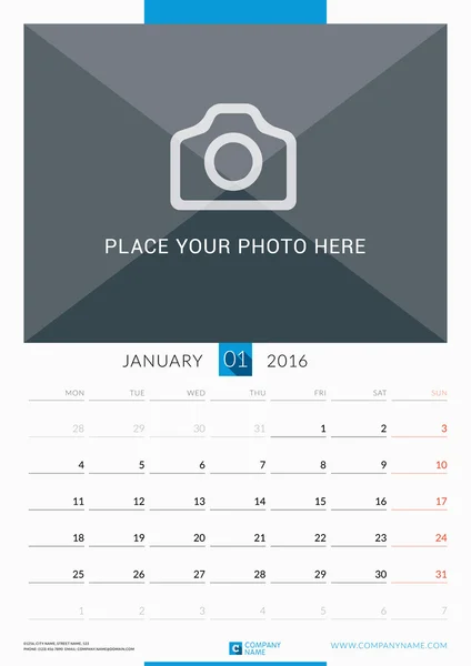 January 2016. Wall Monthly Calendar for 2016 Year. Vector Design Print Template with Place for Photo. Week Starts Monday. Portrait Orientation — Stok Vektör