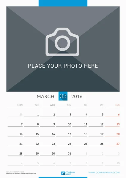 Março de 2016. Calendário mensal de parede para 2016 Ano. Modelo de impressão de design vetorial com lugar para foto. A semana começa segunda-feira. Orientação de Retrato —  Vetores de Stock