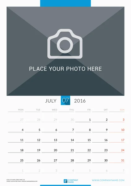 July 2016. Wall Monthly Calendar for 2016 Year. Vector Design Print Template with Place for Photo. Week Starts Monday. Portrait Orientation — Wektor stockowy