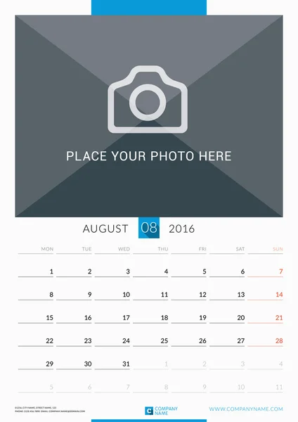 August 2016. Wall Monthly Calendar for 2016 Year. Vector Design Print Template with Place for Photo. Week Starts Monday. Portrait Orientation — Wektor stockowy