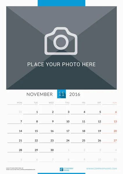 November 2016. Wall Monthly Calendar for 2016 Year. Vector Design Print Template with Place for Photo. Week Starts Monday. Portrait Orientation — Wektor stockowy