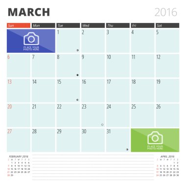 Calendar Planner 2016 Design Template with Place for Photos and Notes. March. Week Starts Sunday