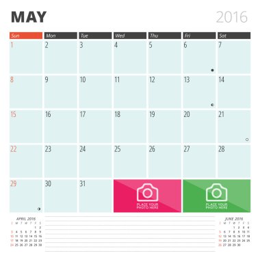 Calendar Planner 2016 Design Template with Place for Photos and Notes. May. Week Starts Sunday