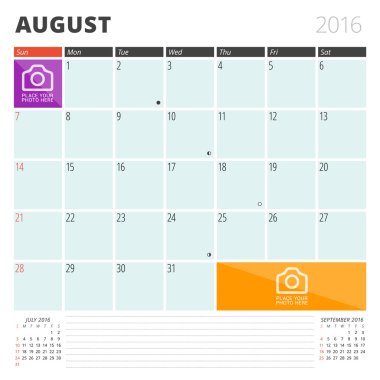 Calendar Planner 2016 Design Template with Place for Photos and Notes. August. Week Starts Sunday
