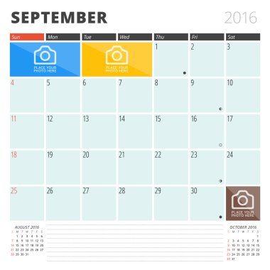 Calendar Planner 2016 Design Template with Place for Photos and Notes. September. Week Starts Sunday