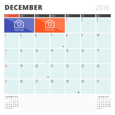 Takvim planlayıcısı 2016 tasarım şablonu ile fotoğraflar ve notlar için bir yer. Aralık. Hafta başlar Pazar