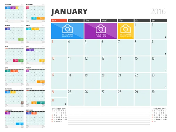 Calendário Planejador 2016 Modelo de Design com Lugar para Fotos e Notas. Conjunto de 12 Meses. Semana começa domingo —  Vetores de Stock