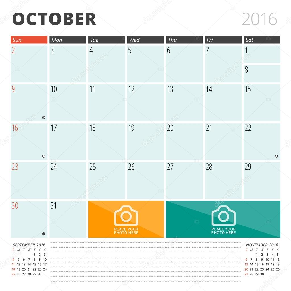 Calendar Planner 2016 Design Template with Place for Photos and Notes. October. Week Starts Sunday