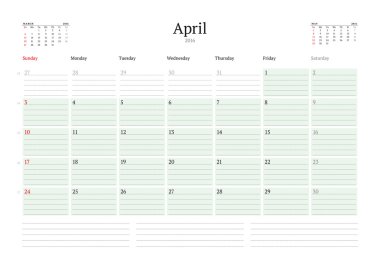Monthly Calendar Planner 2016. Vector Design Print Template. April. Week Starts Sunday
