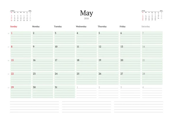 Planificador de calendario mensual 2016. Plantilla de diseño de impresión vectorial. Mayo. Semana comienza el domingo — Archivo Imágenes Vectoriales