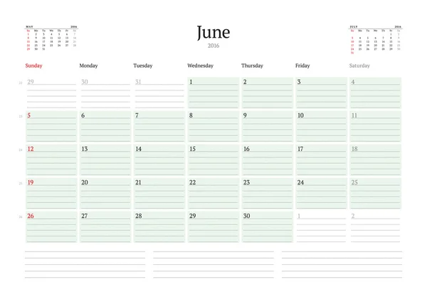 Monthly Calendar Planner 2016. Vector Design Print Template. June. Week Starts Sunday — Stok Vektör