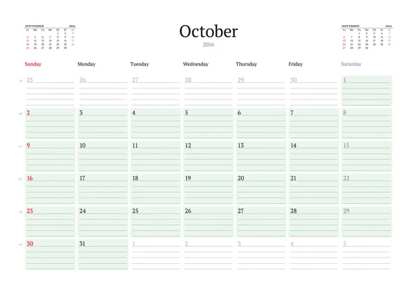 Planificador de calendario mensual 2016. Plantilla de impresión de diseño vector. Octubre. Semana comienza el domingo — Vector de stock