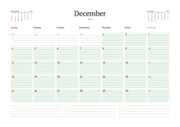 Planificador de calendario mensual 2016. Plantilla de impresión de diseño vector. Diciembre. Semana comienza el domingo — Vector de stock