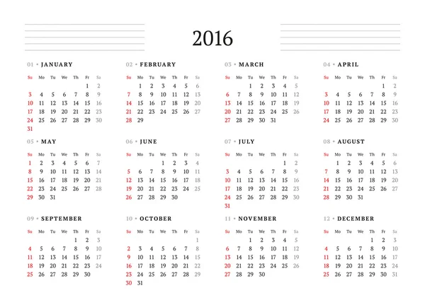 Kalender 2016. Vektordruckvorlage. 12 Monate. Woche beginnt am Sonntag — Stockvektor