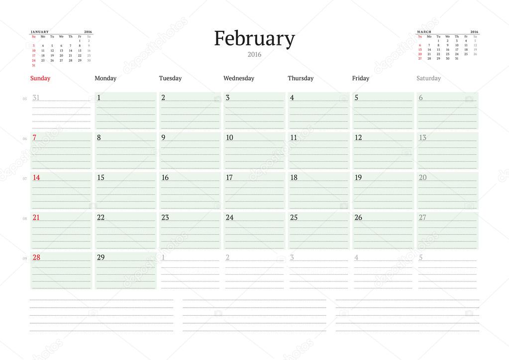 Monthly Calendar Planner 2016. Vector Design Print Template. February. Week Starts Sunday