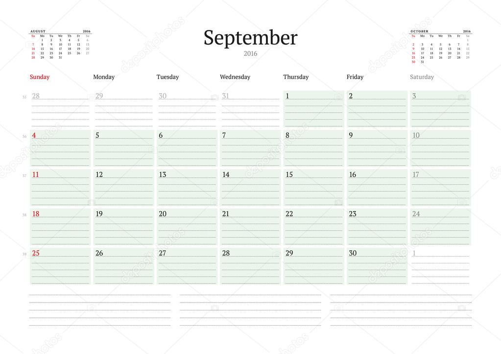 Monthly Calendar Planner 2016. Vector Design Print Template. September. Week Starts Sunday