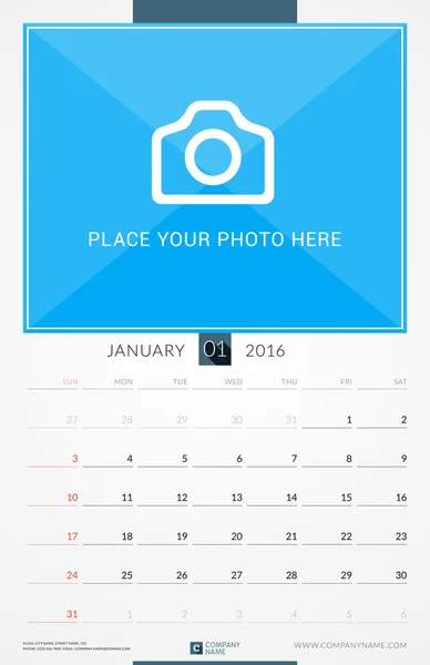 January 2016. Wall Monthly Calendar for 2016 Year. Vector Design Print Template with Place for Photo. Week Starts Sunday. Portrait Orientation — Wektor stockowy