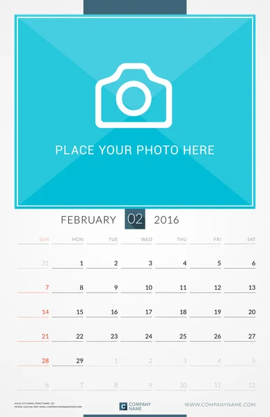 February 2016. Wall Monthly Calendar for 2016 Year. Vector Design Print Template with Place for Photo. Week Starts Sunday. Portrait Orientation — Wektor stockowy