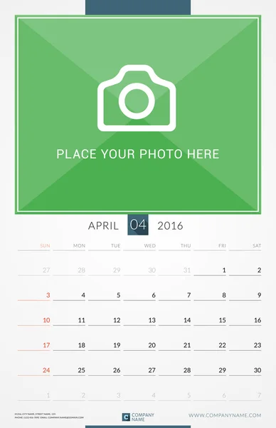 April 2016. Wall Monthly Calendar for 2016 Year. Vector Design Print Template with Place for Photo. Week Starts Sunday. Portrait Orientation — Wektor stockowy
