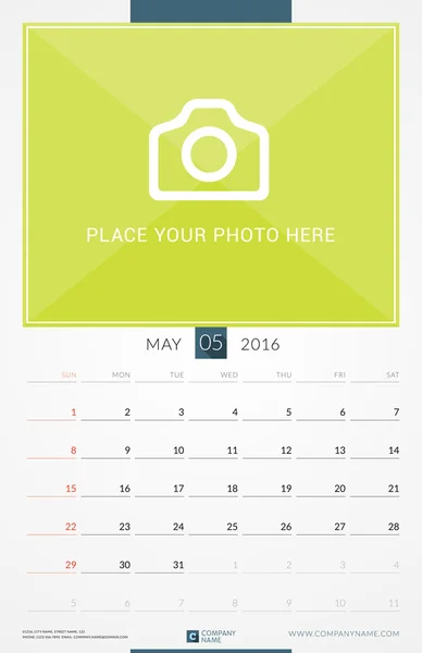 May 2016. Wall Monthly Calendar for 2016 Year. Vector Design Print Template with Place for Photo. Week Starts Sunday. Portrait Orientation — Wektor stockowy