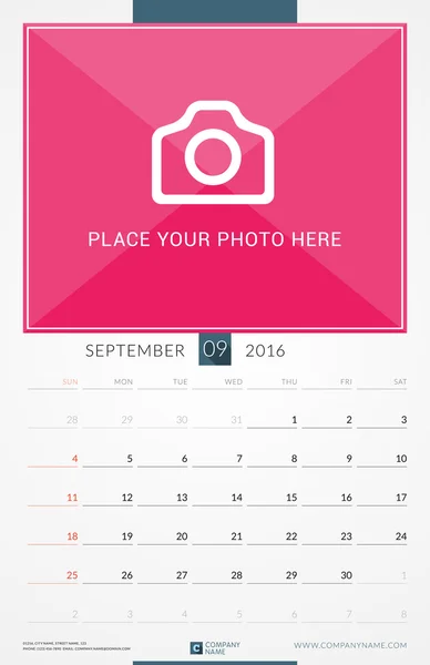 September 2016. Wall Monthly Calendar for 2016 Year. Vector Design Print Template with Place for Photo. Week Starts Sunday. Portrait Orientation — Wektor stockowy