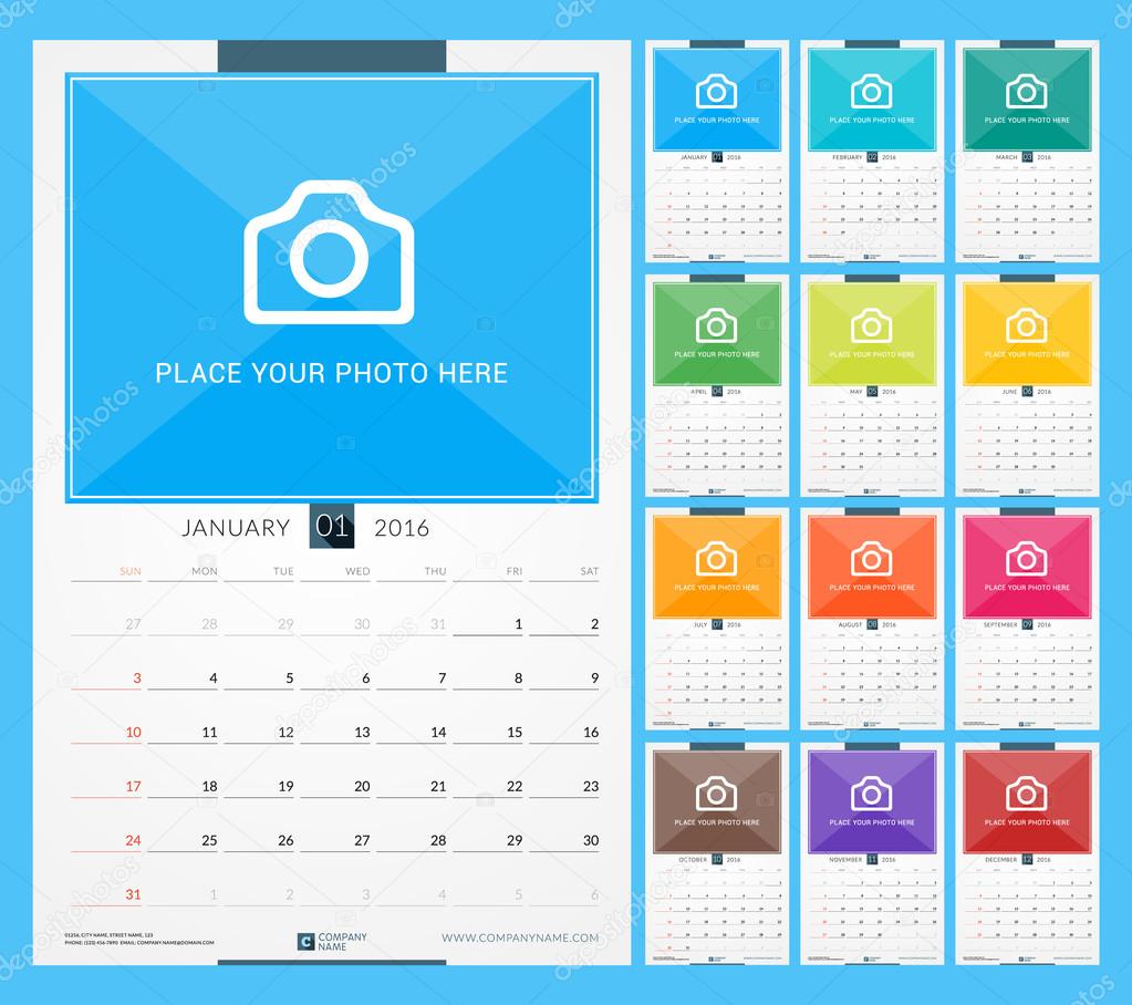 Wall Monthly Calendar for 2016 Year. Vector Design Print Template with Place for Photo. Week Starts Sunday. Portrait Orientation. Set of 12 Months