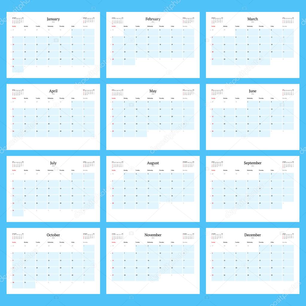 Monthly Calendar Planner for 2016. Print Template Set of 12 Months. Week Starts Sunday. Vector Illustration