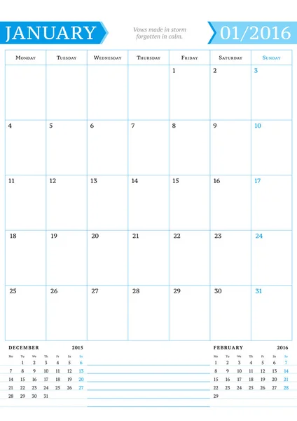 Janeiro de 2016. Planejador de calendário mensal para 2016 Ano. Modelo de impressão de design vetorial com lugar para notas. A semana começa segunda-feira. Orientação de Retrato —  Vetores de Stock