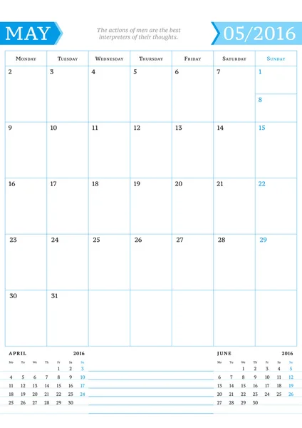 Maja 2016 r. Miesięczn kalendarz na rok 2016. Wektor wzór wydruku szablonu z miejscem na notatki. Tydzień zaczyna się od poniedziałku. Orientacji pionowej — Wektor stockowy