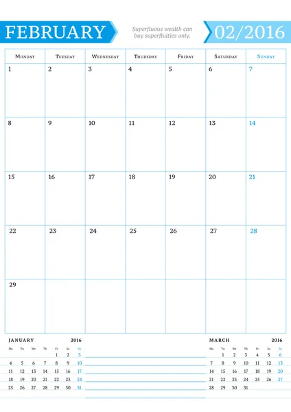 Fevereiro de 2016. Planejador de calendário mensal para 2016 Ano. Modelo de impressão de design vetorial com lugar para notas. A semana começa segunda-feira. Orientação de Retrato —  Vetores de Stock