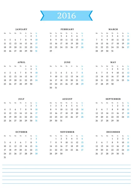 Kalendarz na rok 2016. Wektor szablon wydruku. Tydzień zaczyna się od poniedziałku. Orientacji pionowej — Wektor stockowy
