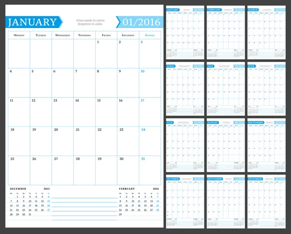 Planejador de calendário mensal para 2016 Ano. Modelo de impressão de design vetorial com lugar para notas. A semana começa segunda-feira. Orientação de Retrato. Conjunto de 12 Meses —  Vetores de Stock