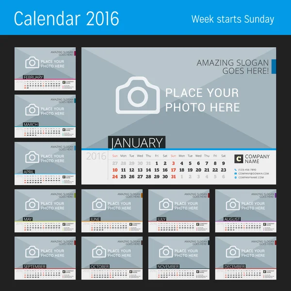 Настольный календарь 2016. Шаблон для векторной печати с местом для фотографии. Набор из 12 месяцев. Неделя начинается в воскресенье — стоковый вектор