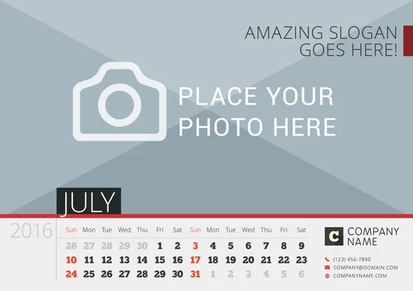 Desk Calendar 2016. Vector Print Template with Place for Photo. July. Week Starts Sunday — Stockvector