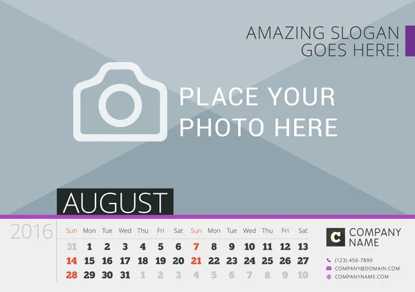 Desk Calendar 2016. Modelo de impressão vetorial com lugar para foto. Agosto. Semana começa domingo —  Vetores de Stock