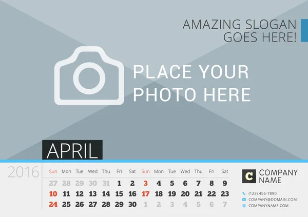 Desk Calendar 2016. Modelo de impressão vetorial com lugar para foto. Abril. Semana começa domingo —  Vetores de Stock