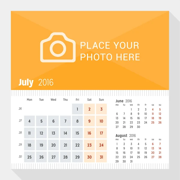 Temmuz 2016. Masa takvimi 2016 yıl için. Hafta başlıyor Pazartesi. Sayfa 3 ay. Fotoğraf için yer ile vektör tasarım yazdırma şablonu