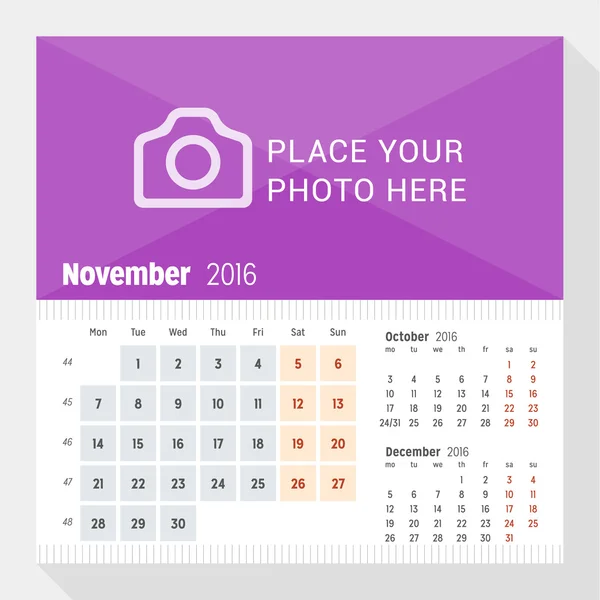 2016 年 11 月。2016 年的台历。每周从星期一开始。在页上的 3 个月。矢量设计打印模板与照片的地方 — 图库矢量图片