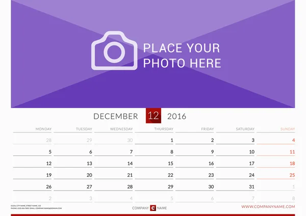 Wall Monthly Calendar for 2016 Year. Vector Design Print Template. Week Starts Monday. Landscape Orientation. December — Stock Vector