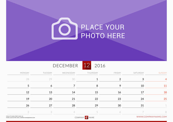 Wall Monthly Calendar for 2016 Year. Vector Design Print Template. Week Starts Monday. Landscape Orientation. December