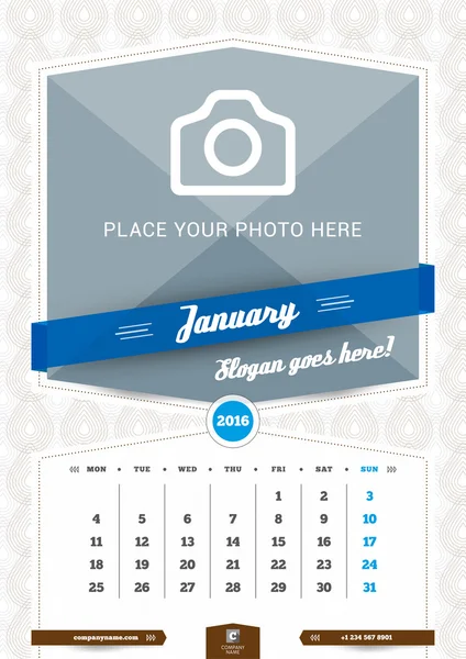 2016 年 1 月。墙体为 2016 年的月历。矢量设计打印模板与地方为照片和模式的背景。每周从星期一开始 — 图库矢量图片